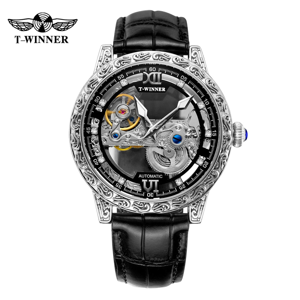 T-Winner Skeleton Automatic Watch for Men – Luxury Mechanical Design with Leather Strap