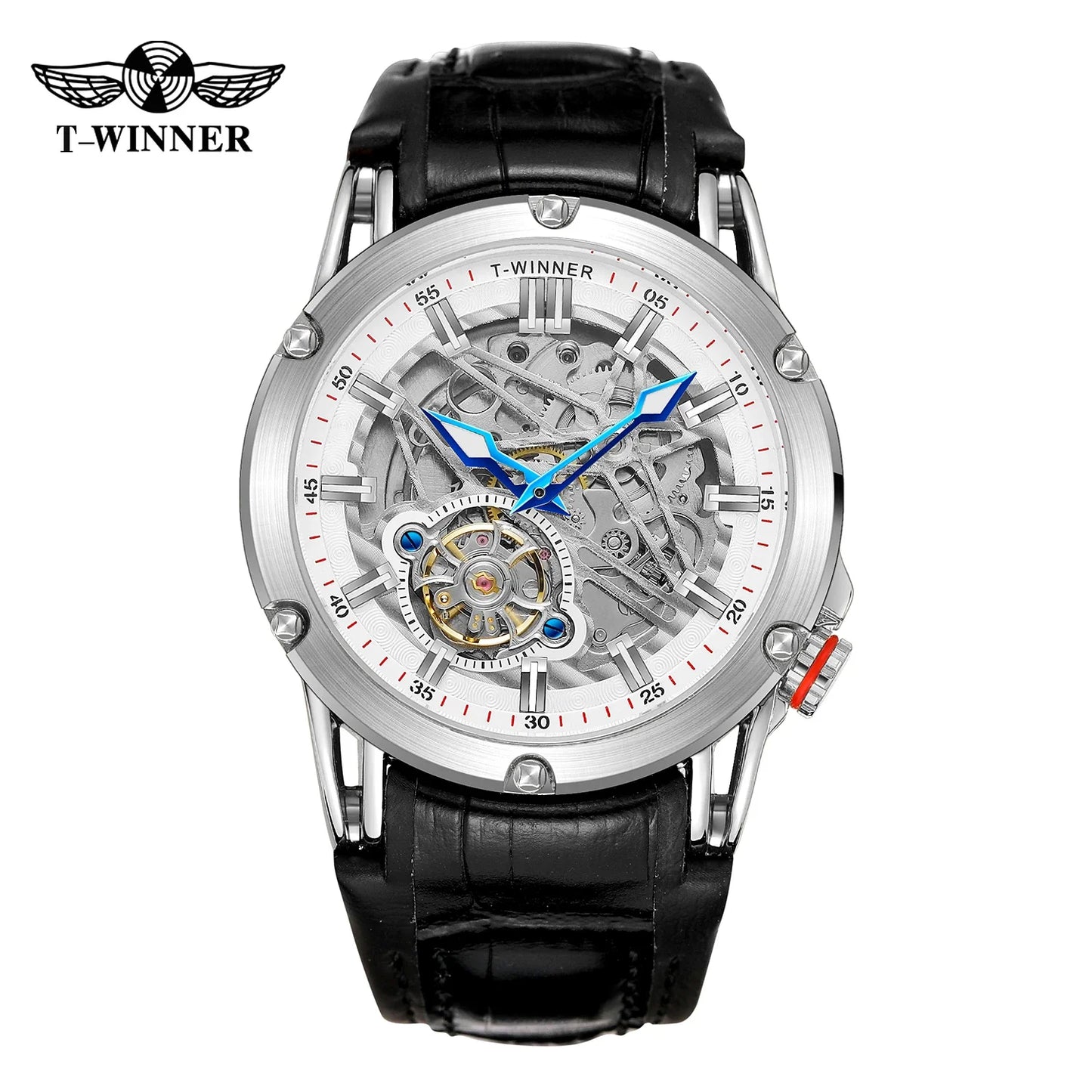 T-Winner Men’s Automatic Mechanical Watch – Elegant Leather Strap, Luminous Skeleton Dial