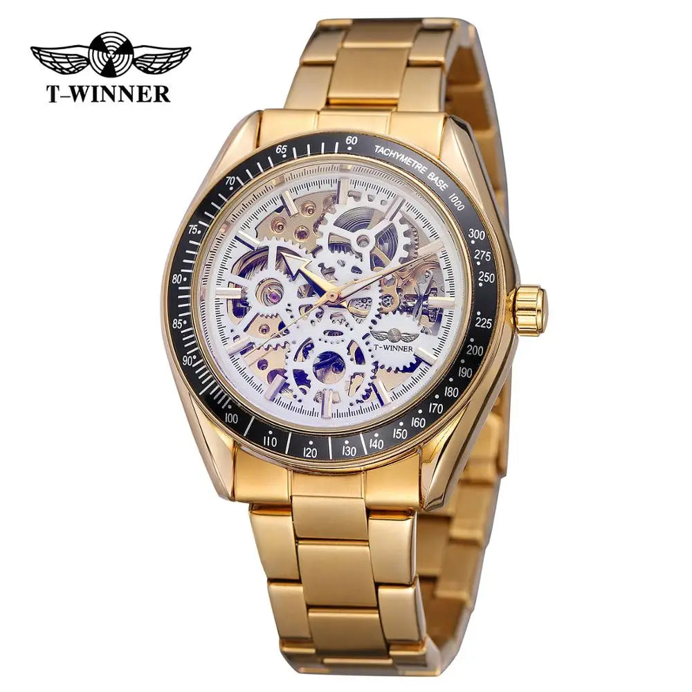 T-Winner Men’s Automatic Mechanical Watch – Stainless Steel Skeleton Wristwatch