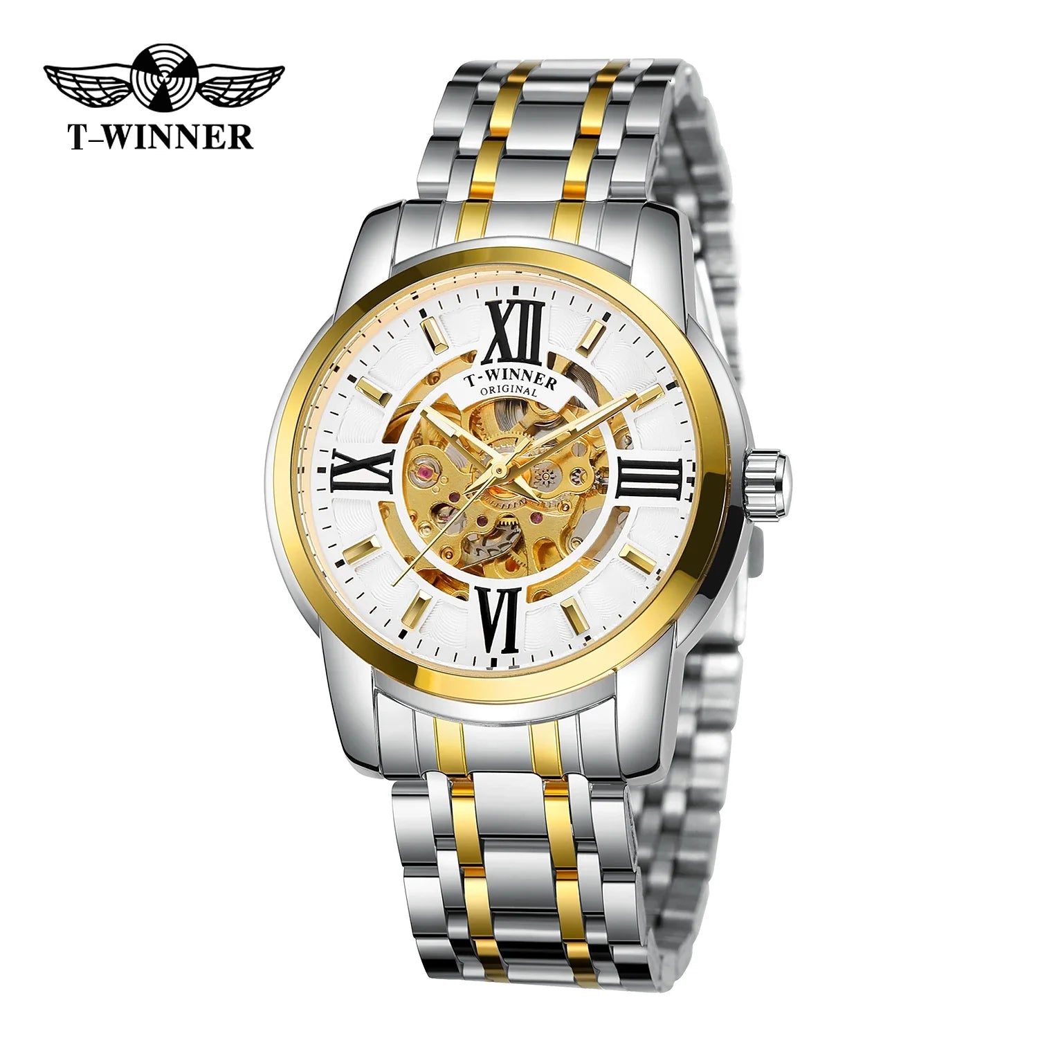 T-Winner Men’s Automatic Mechanical Skeleton Watch – Roman Numeral Stainless Steel