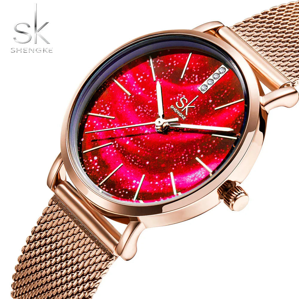 SK Women’s Quartz Watch – Starry Sky Dial, Waterproof Minimalist Lady Wristwatch