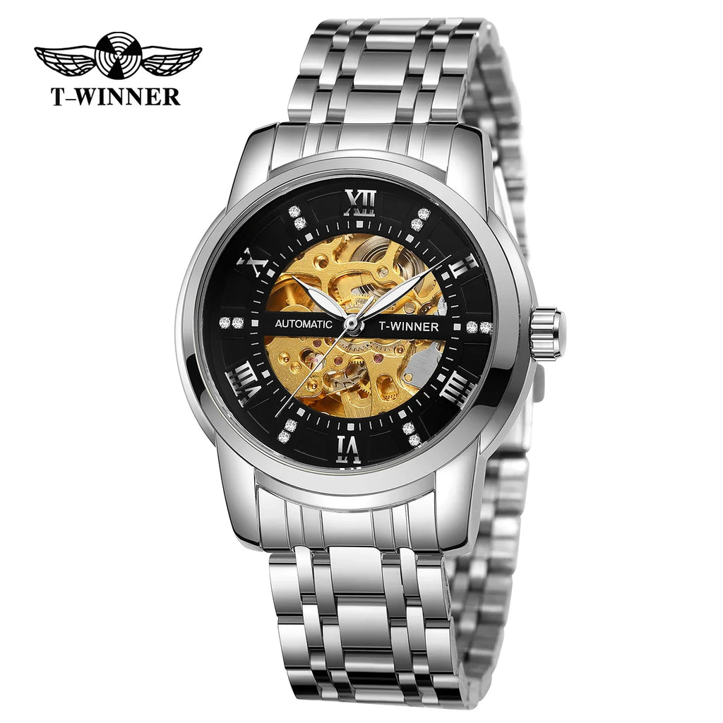 T-WINNER Men’s Mechanical Watch – Luminous Transparent Dial Stainless Steel Band