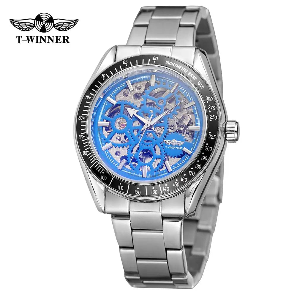 T-Winner Men’s Automatic Mechanical Watch – Stainless Steel Skeleton Wristwatch