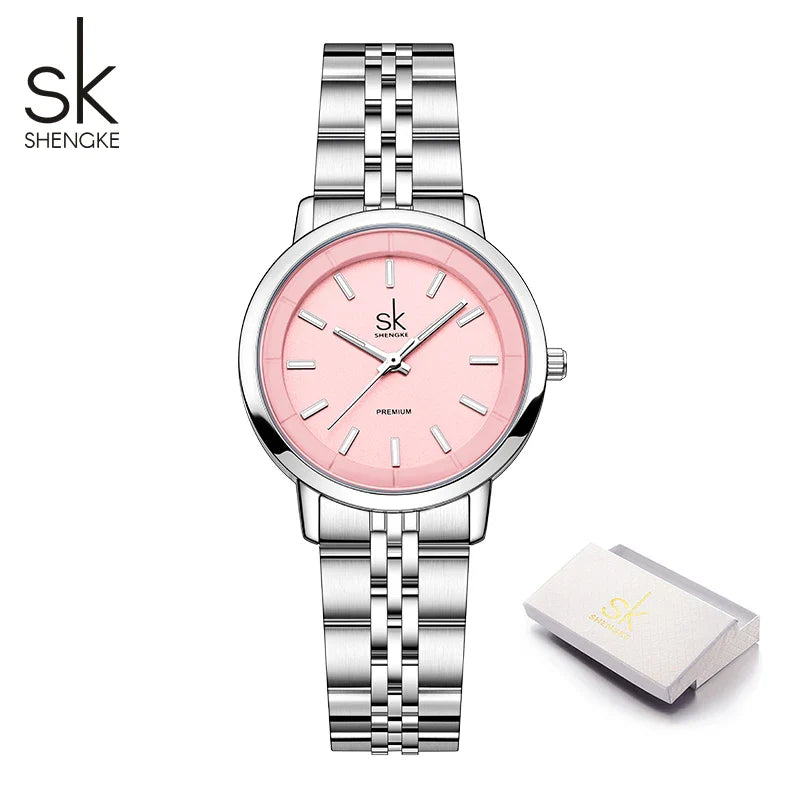 SK Women’s Quartz Watch – Candy Color Dial, Stainless Steel Strap, Waterproof Wristwatch