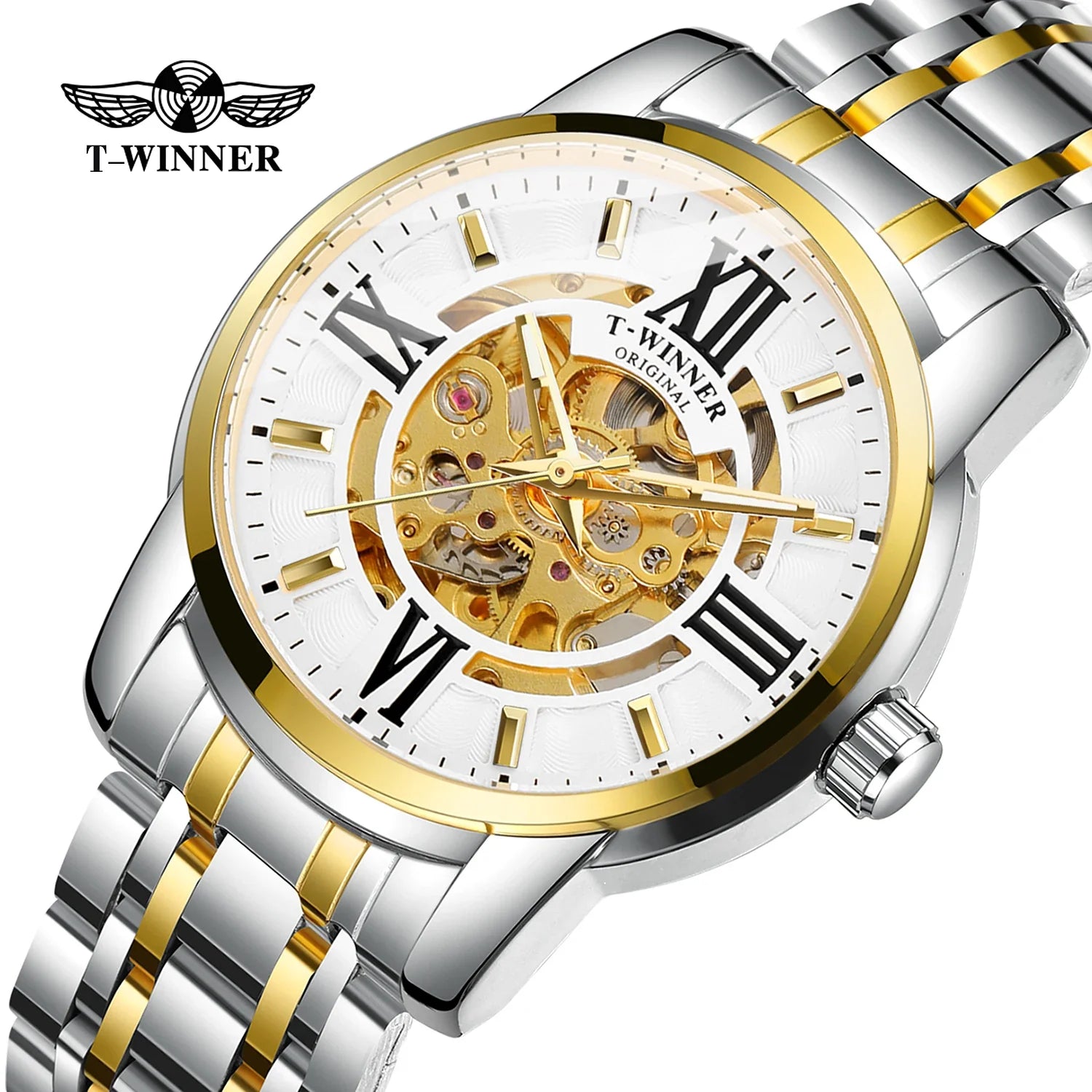 T-Winner Men’s Automatic Mechanical Skeleton Watch – Roman Numeral Stainless Steel