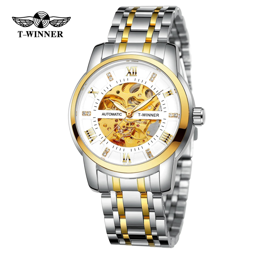 T-WINNER Men’s Mechanical Watch – Luminous Transparent Dial Stainless Steel Band