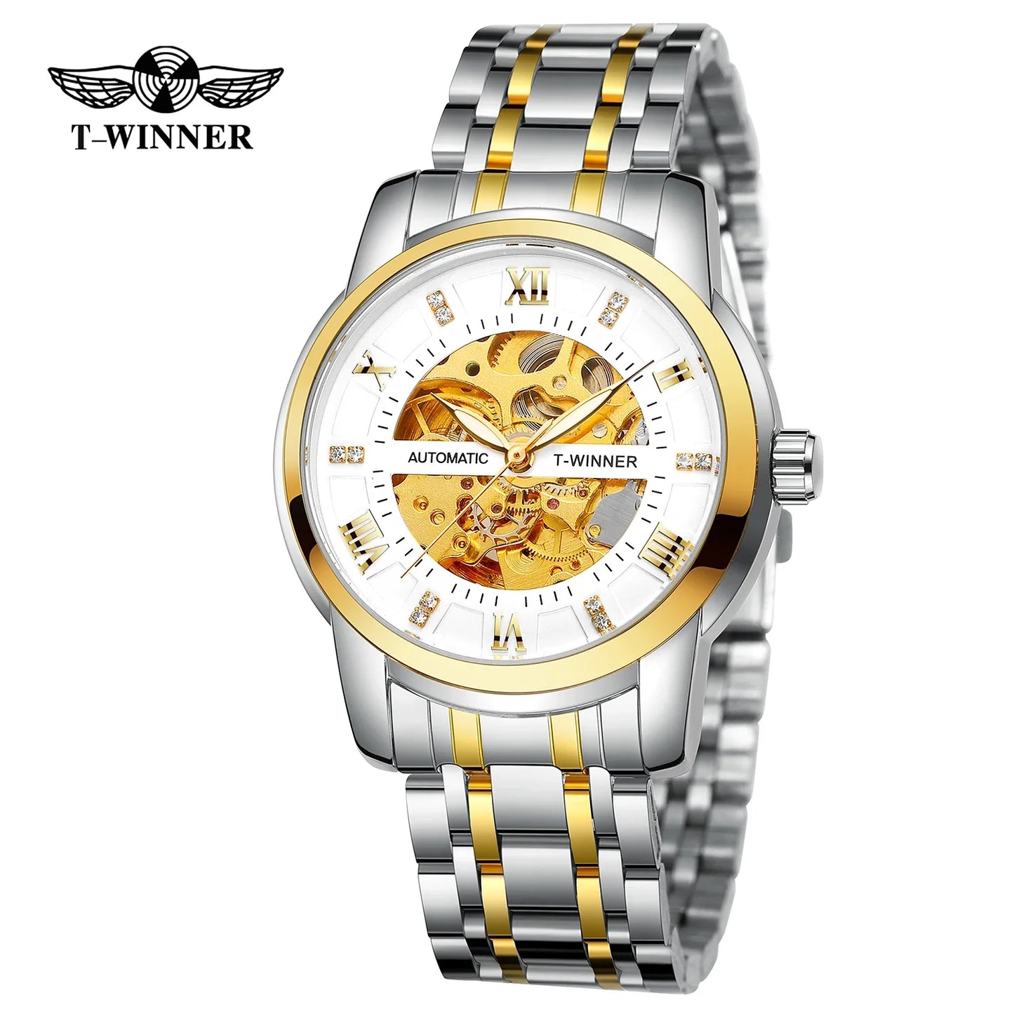 T-WINNER Men’s Mechanical Watch – Luminous Transparent Dial Stainless Steel Band