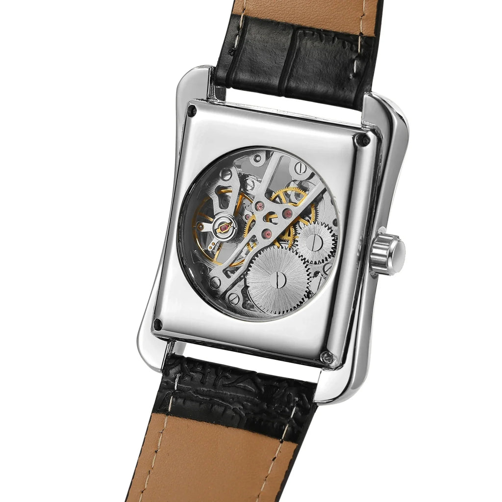 T-Winner Men's Mechanical Watch – Vintage Leather Strap, Rectangle Analog Timepiece