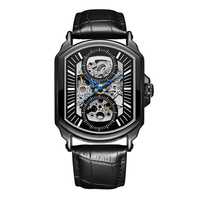 T-Winner Men’s Skeleton Mechanical Watch – Leather Strap, Automatic Business Timepiece