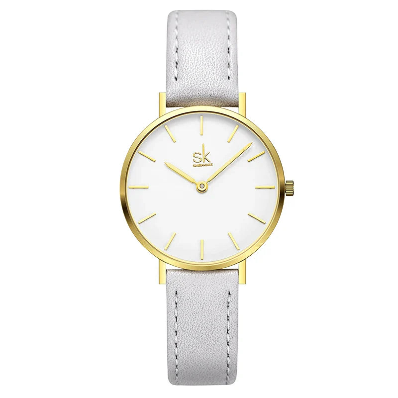 SK Women’s Quartz Watch – Cute Shell Dial, Leather Strap, 32MM Waterproof Wristwatch
