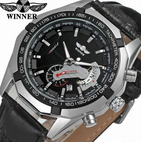 T-Winner Men’s Automatic Watch – Stainless Steel Mechanical Timepiece with Leather Strap