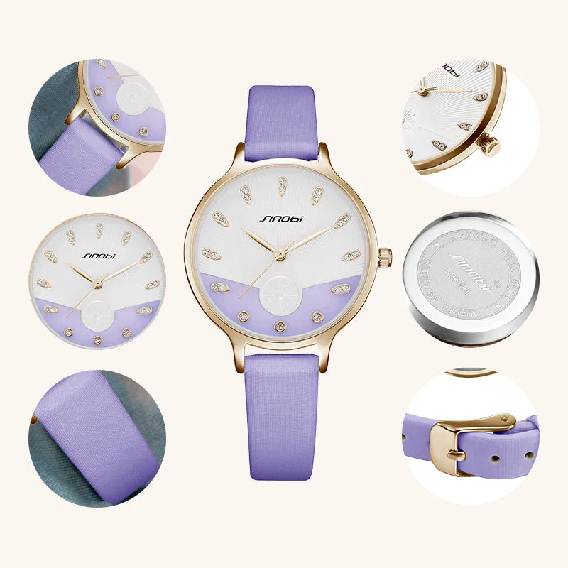 SINOBO Women's Leather Strap Quartz Watch – Waterproof Retro Style Ladies Timepiece