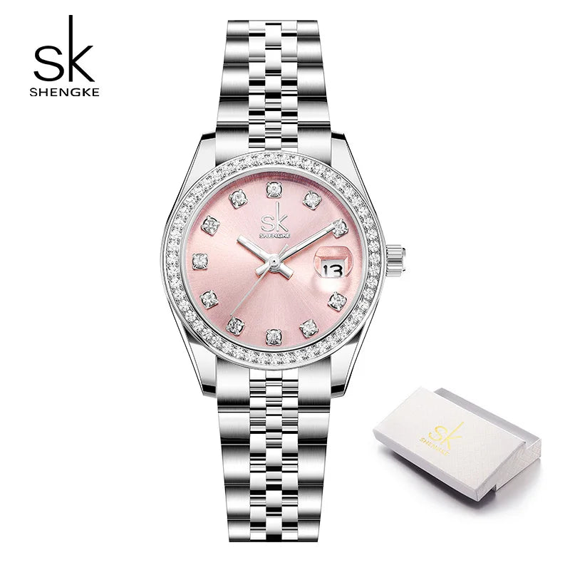 SK Women’s Crystal Quartz Watch – Stainless Steel Band, 3BAR Water-Resistant