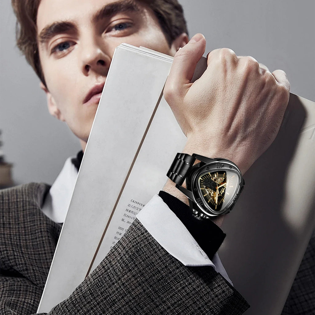 T-Winner Men’s Mechanical Triangle Watch – Luminous Stainless Steel Wristwatch
