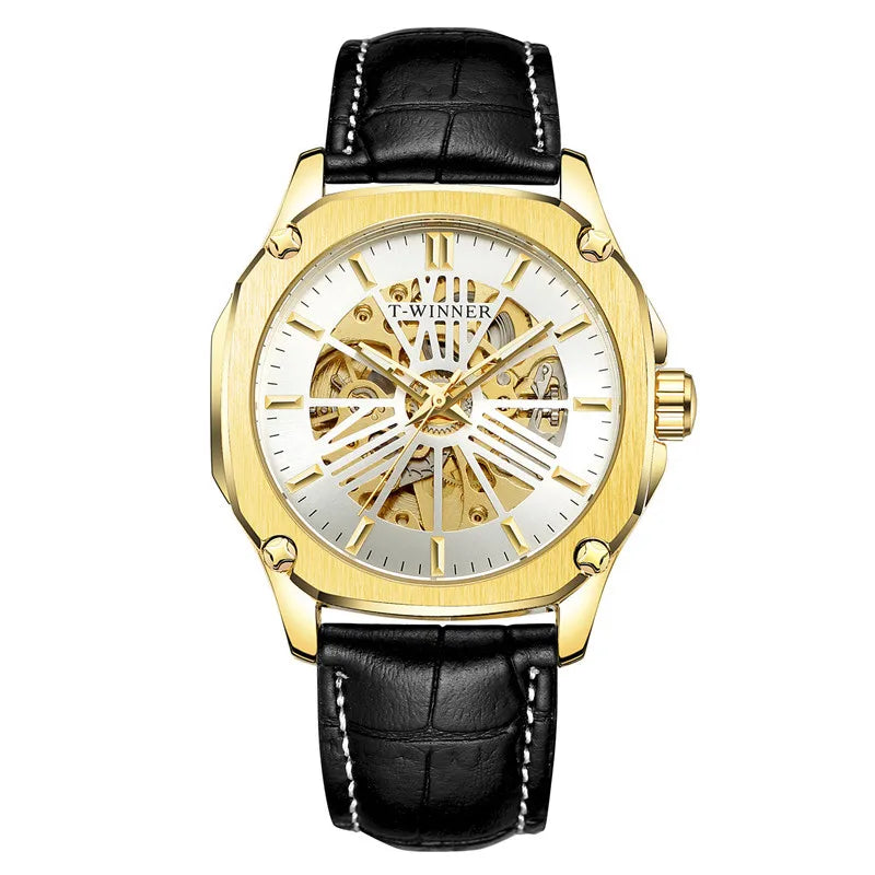 T-Winner Men’s Automatic Mechanical Watch – Leather Strap Hollow Flywheel Design