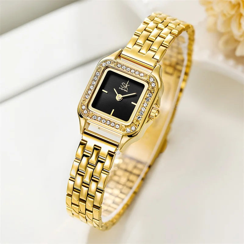 SK Women’s Quartz Watch – Elegant Square Dial with Diamond Accents, Stainless Steel Band
