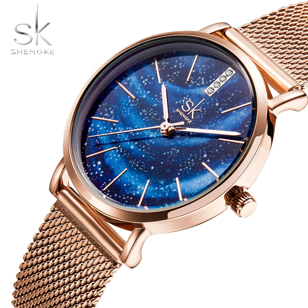 SK Women’s Quartz Watch – Starry Sky Dial, Waterproof Minimalist Lady Wristwatch