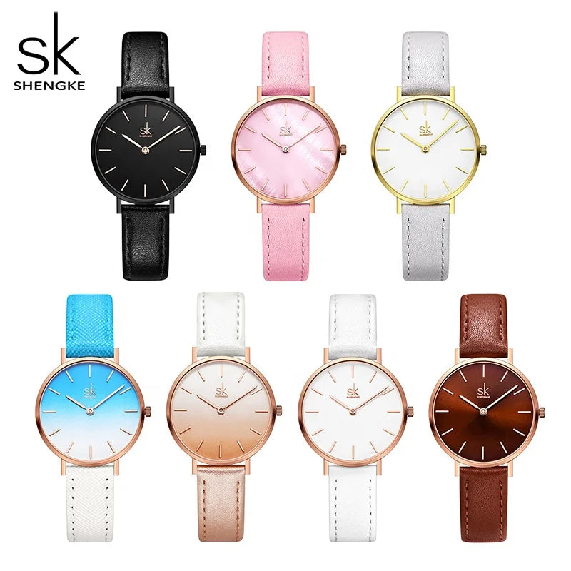 SK Women’s Quartz Watch – Cute Shell Dial, Leather Strap, 32MM Waterproof Wristwatch