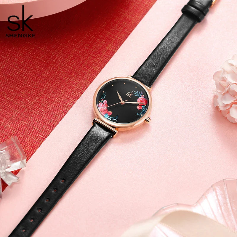 SK Women’s Classic Quartz Watch – Floral Thin Band, Elegant Round Dial Wristwatch