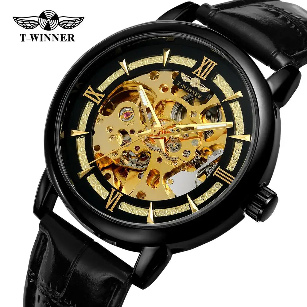 T-Winner Men’s Leather Automatic Mechanical Watch – Full Skeleton Hollow Design