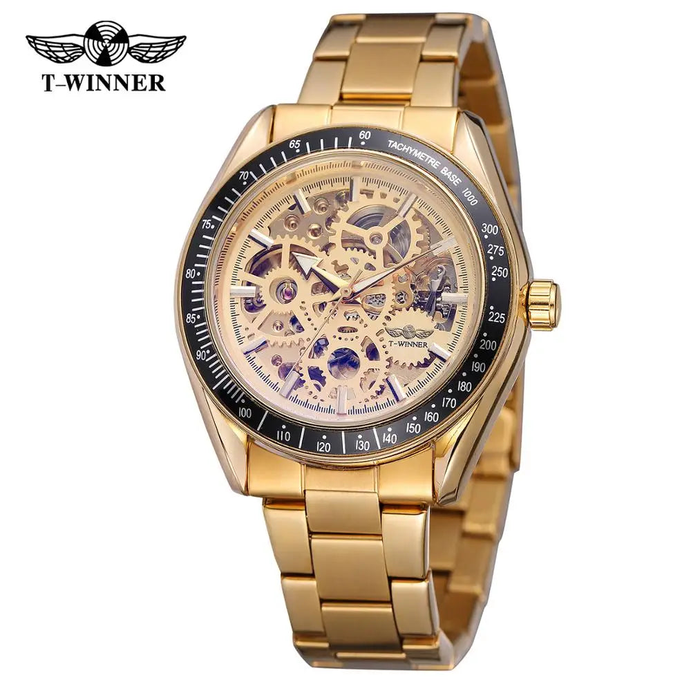 T-Winner Men’s Automatic Mechanical Watch – Stainless Steel Skeleton Wristwatch