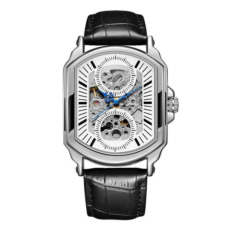 T-Winner Men’s Skeleton Mechanical Watch – Leather Strap, Automatic Business Timepiece