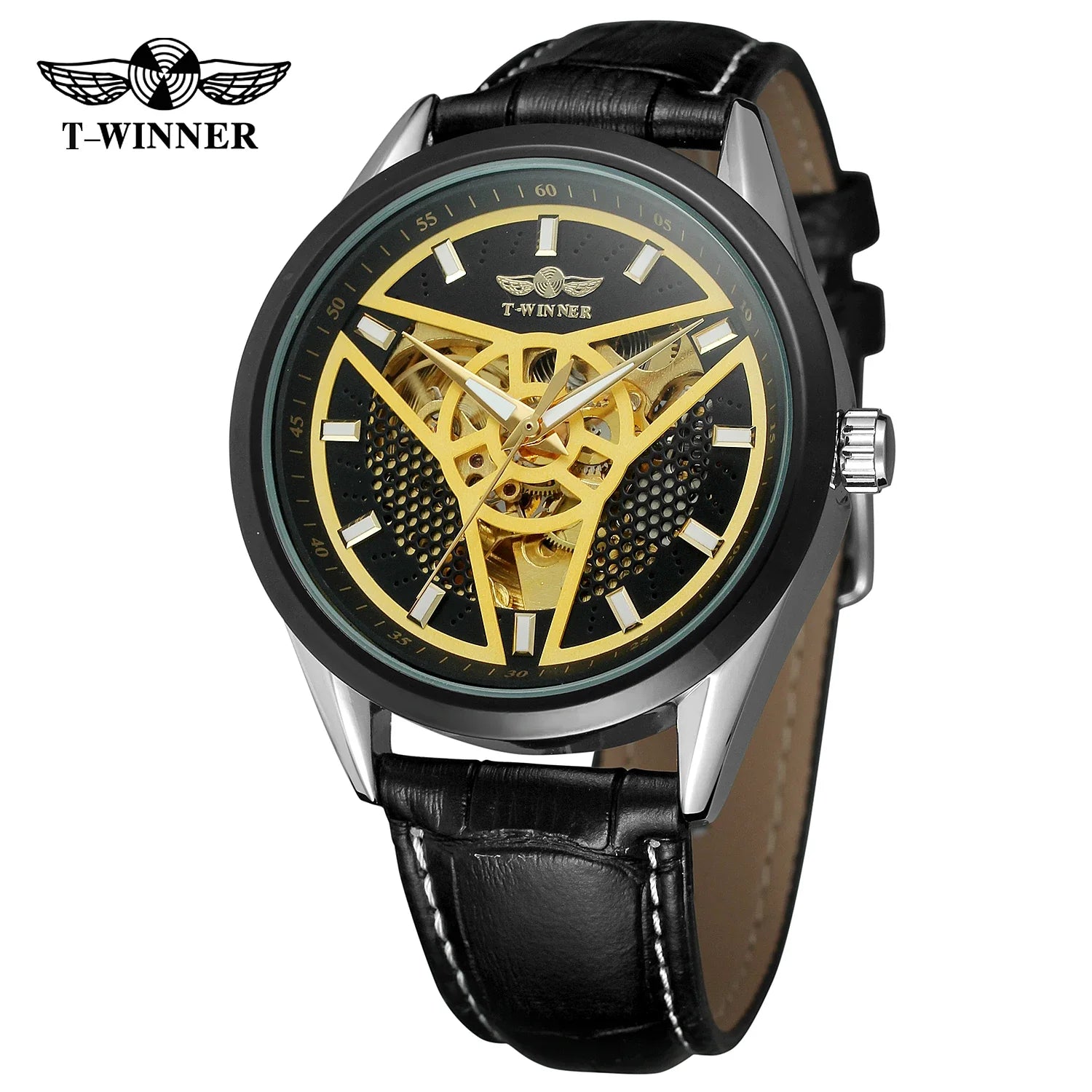 T-WINNER Skeleton Automatic Mechanical Watch for Men – Leather Strap Vintage Timepiece