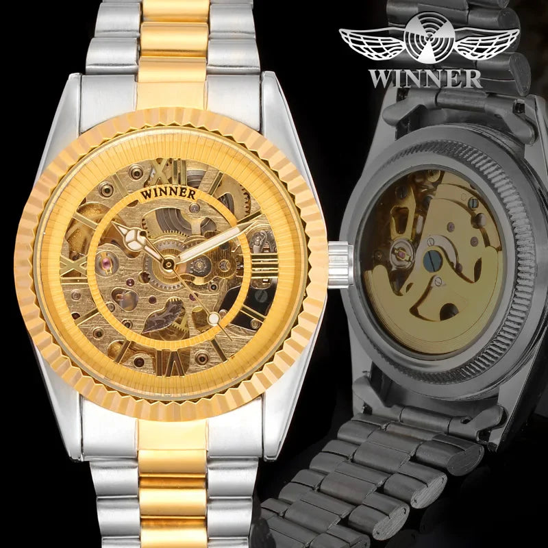 T-Winner Men's Gold Mechanical Watch – Luxury Skeleton Self-Winding Men’s Watch
