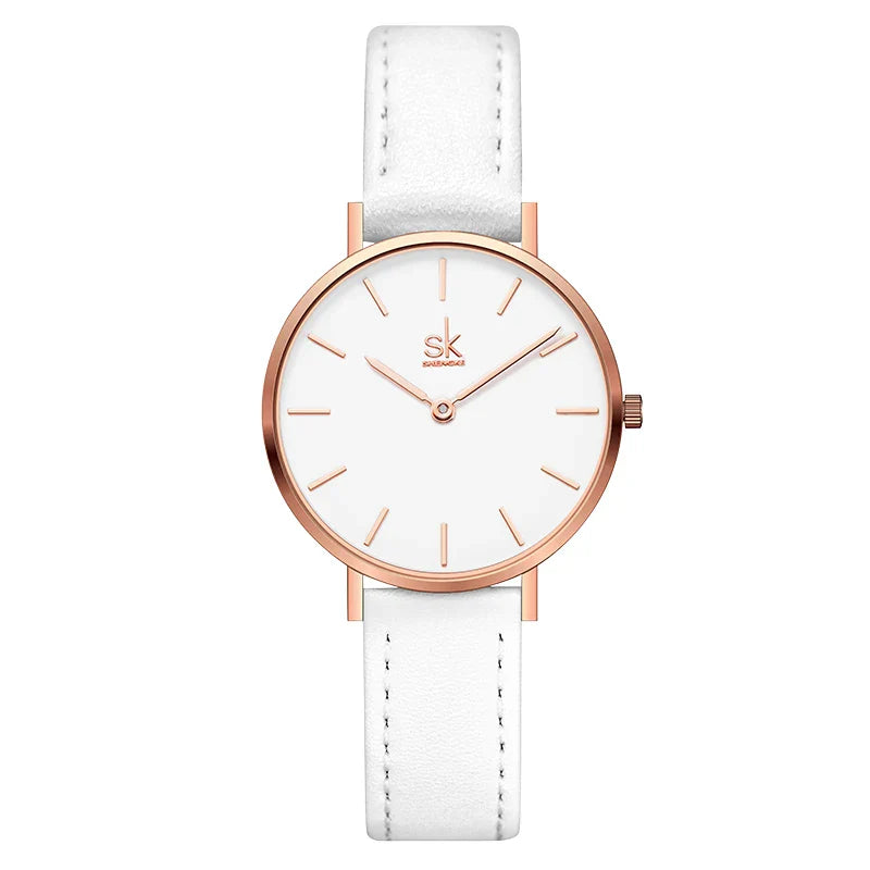 SK Women’s Quartz Watch – Cute Shell Dial, Leather Strap, 32MM Waterproof Wristwatch