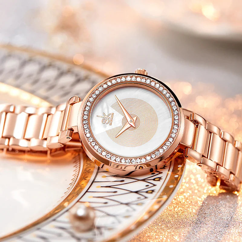 SK Women’s Quartz Watch – Diamond Dial 36mm Stainless Steel Bracelet Wristwatch