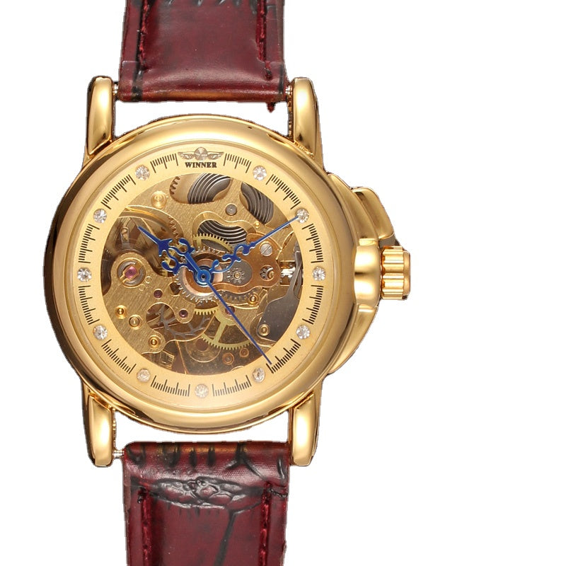 T-WINNER Women's Skeleton Watch – Automatic Mechanical Leather Strap, Fashion Timepiece