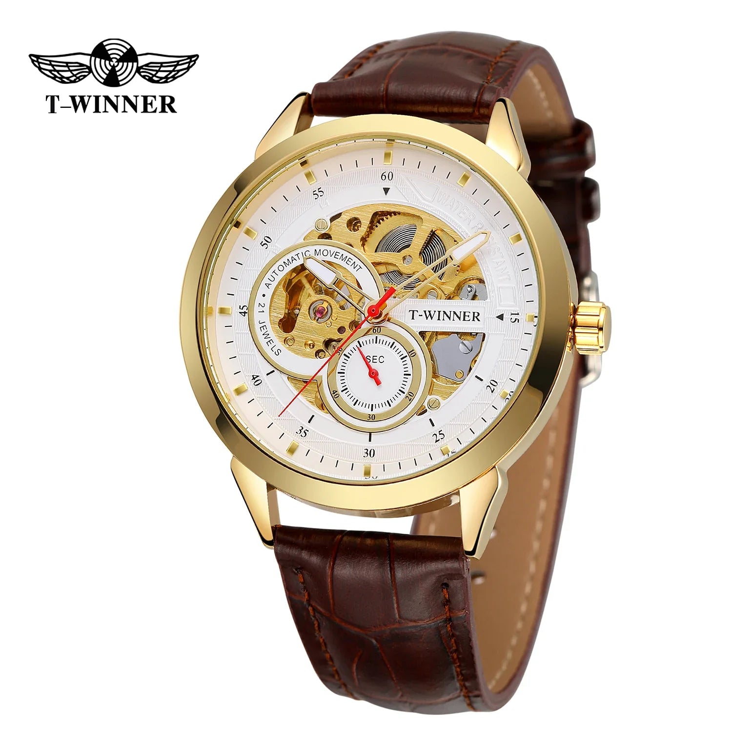 T-WINNER Skeleton Automatic Mechanical Watch for Men – Leather Strap Luxury Timepiece