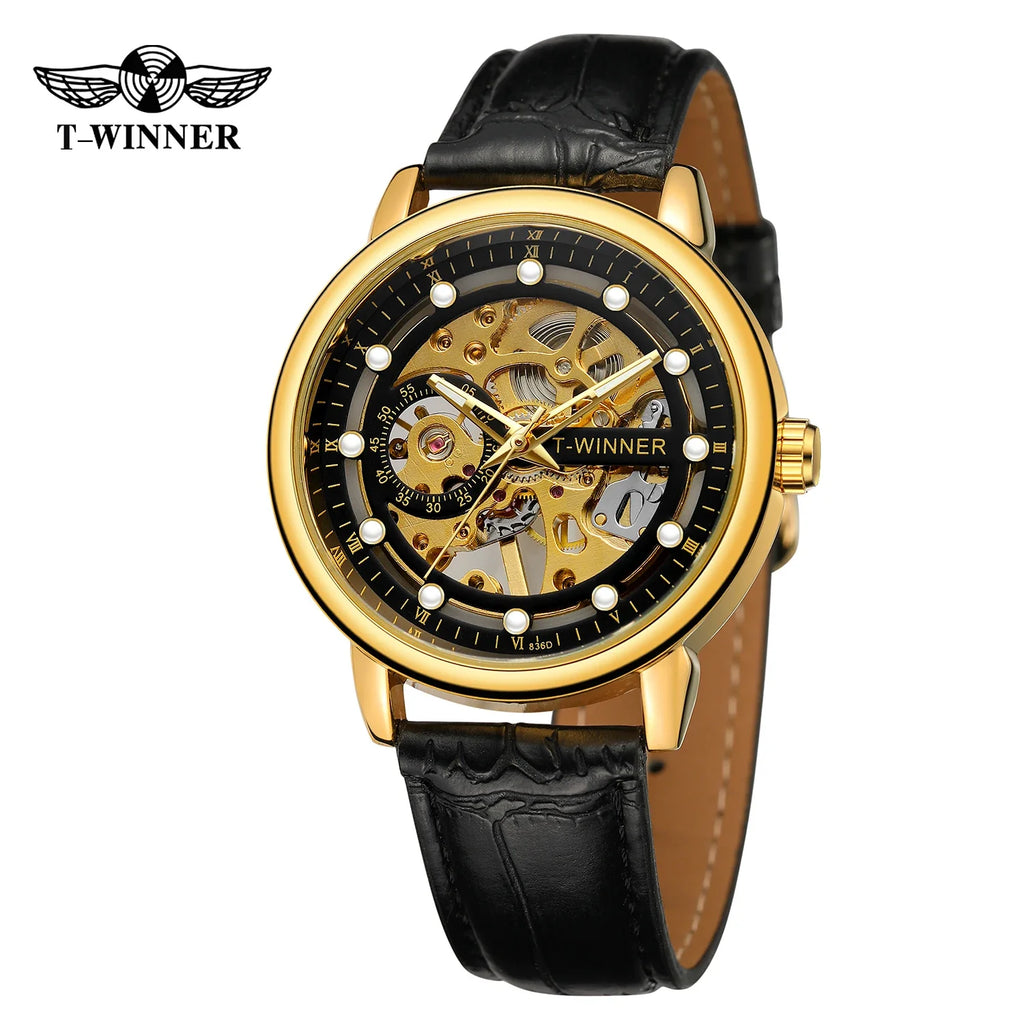 T-Winner Men's Mechanical Watch – Luminous Vintage Casual with Leather Strap