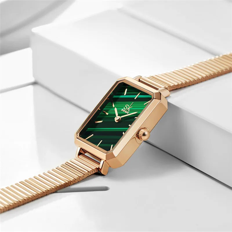 SK Luxury Women’s Quartz Watch – Rectangle Dial, Stainless Steel or Leather Strap Wristwatch