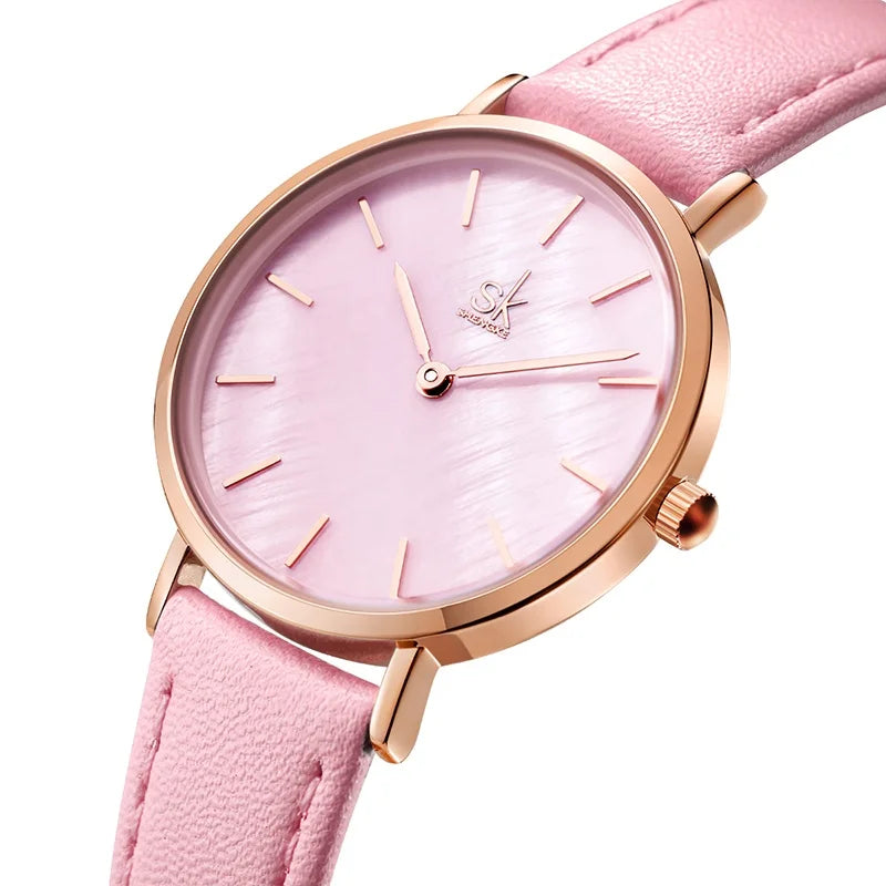 SK Women’s Quartz Watch – Cute Shell Dial, Leather Strap, 32MM Waterproof Wristwatch