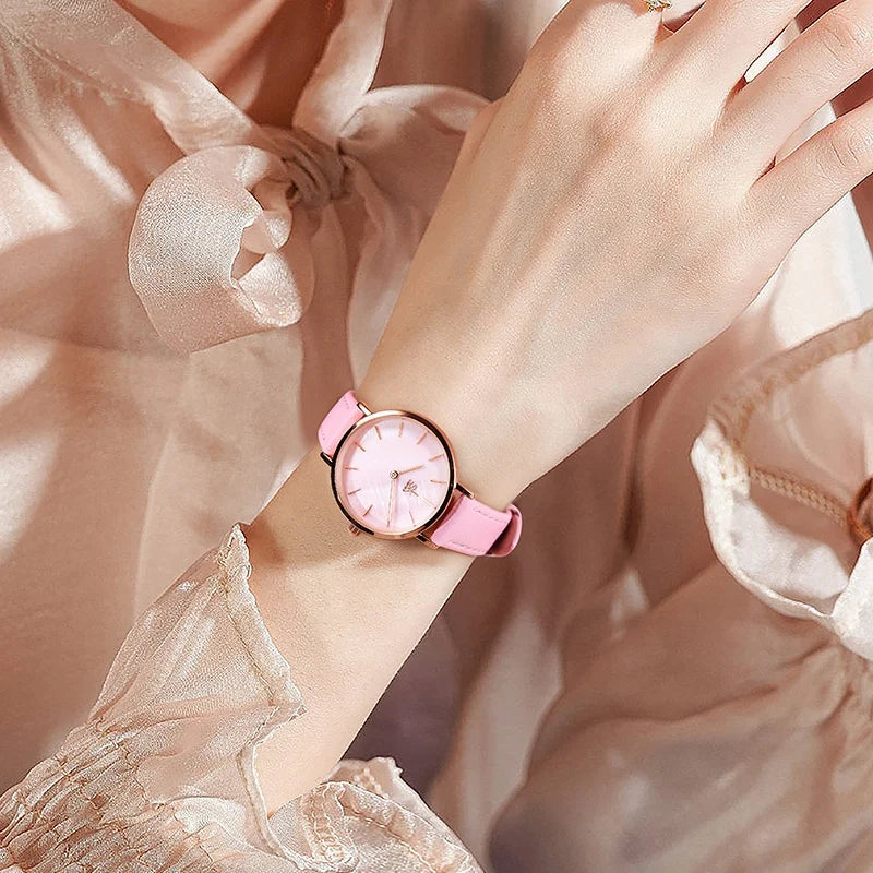SK Women’s Quartz Watch – Cute Shell Dial, Leather Strap, 32MM Waterproof Wristwatch