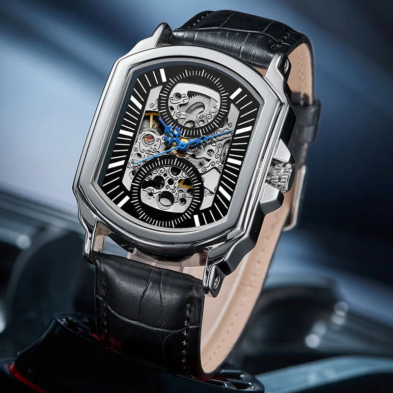 T-Winner Men’s Skeleton Mechanical Watch – Leather Strap, Automatic Business Timepiece