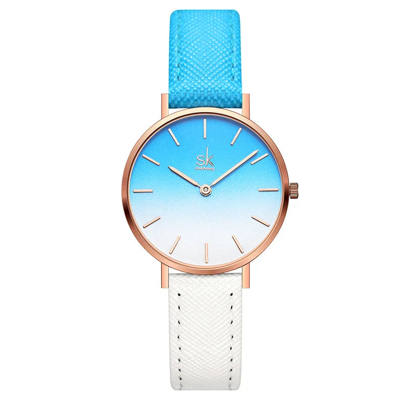 SK Women’s Quartz Watch – Cute Shell Dial, Leather Strap, 32MM Waterproof Wristwatch