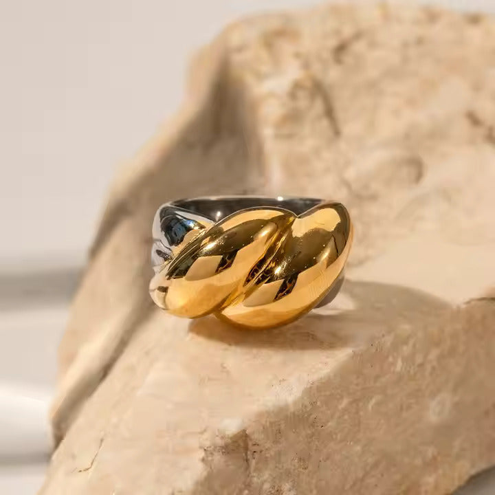 Bold Twisted Knot Ring – Dual-Tone Stainless Steel Statement Jewelry for Women
