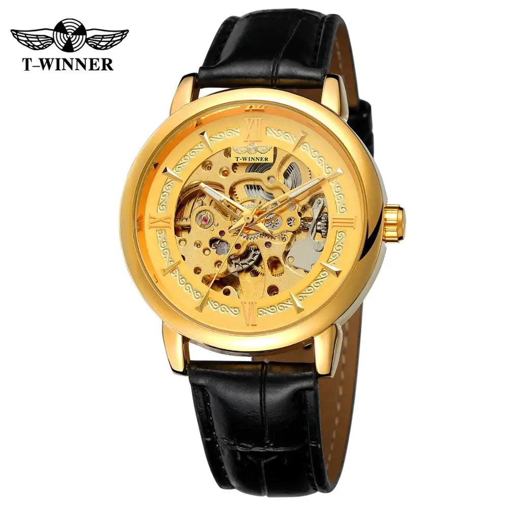 T-Winner Men’s Leather Automatic Mechanical Watch – Full Skeleton Hollow Design
