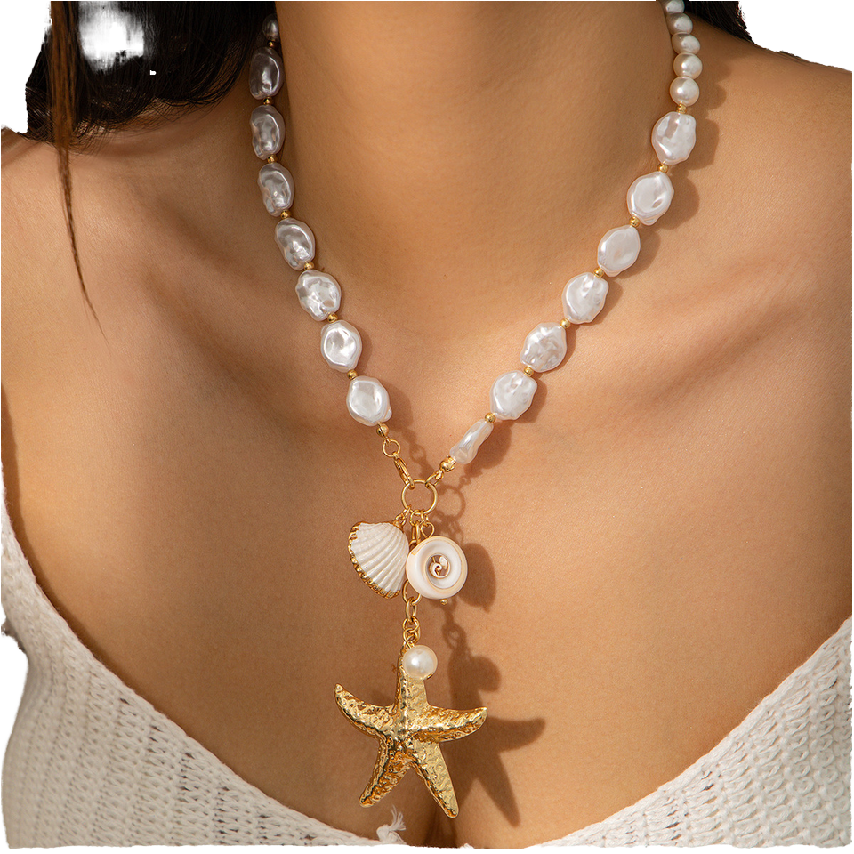 Starfish & Pearl Ocean Charm Necklace for Women – Fashionable Alloy Jewelry