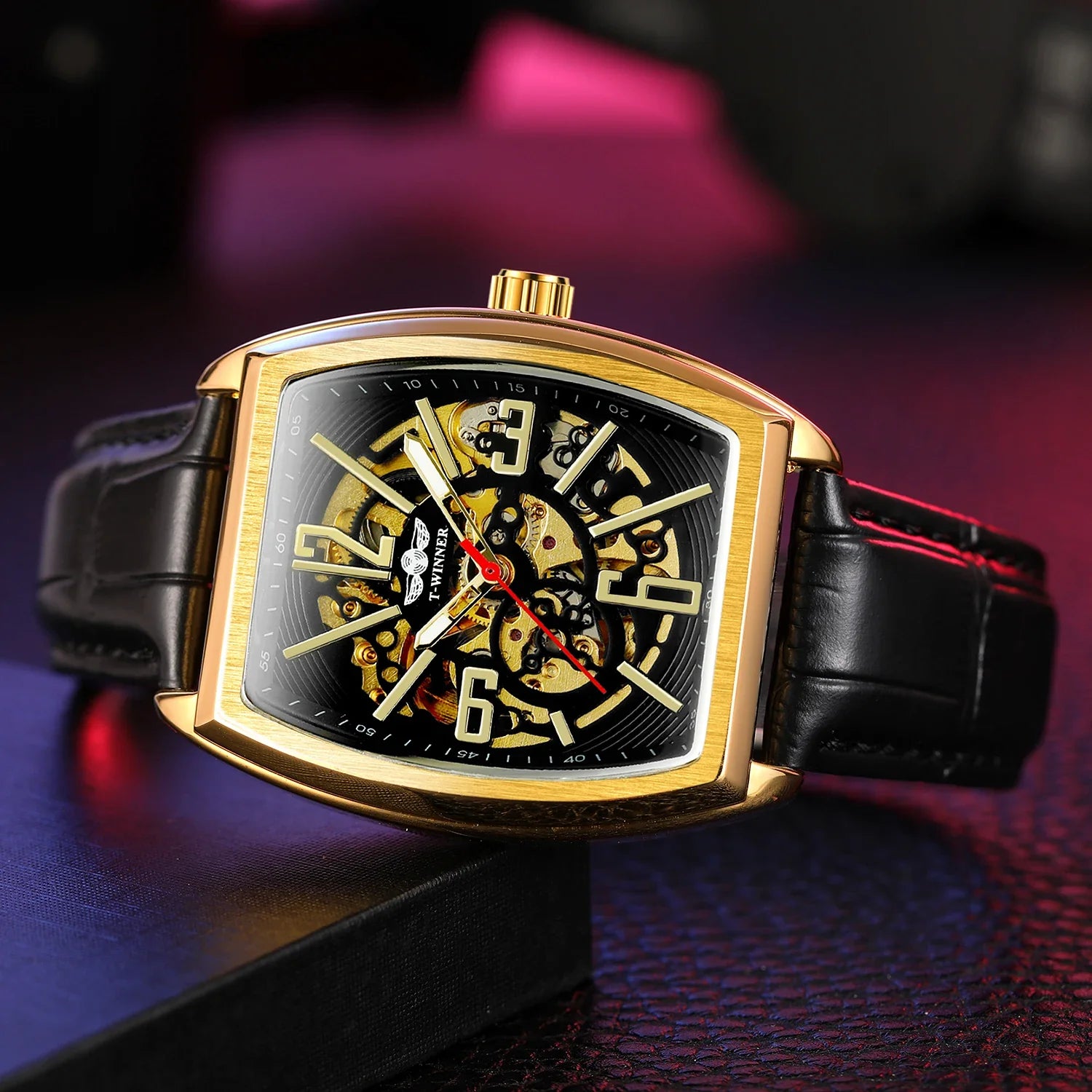 T-Winner Men’s Presidential Automatic Leather Strap Mechanical Watch – Luxury Oval Dial