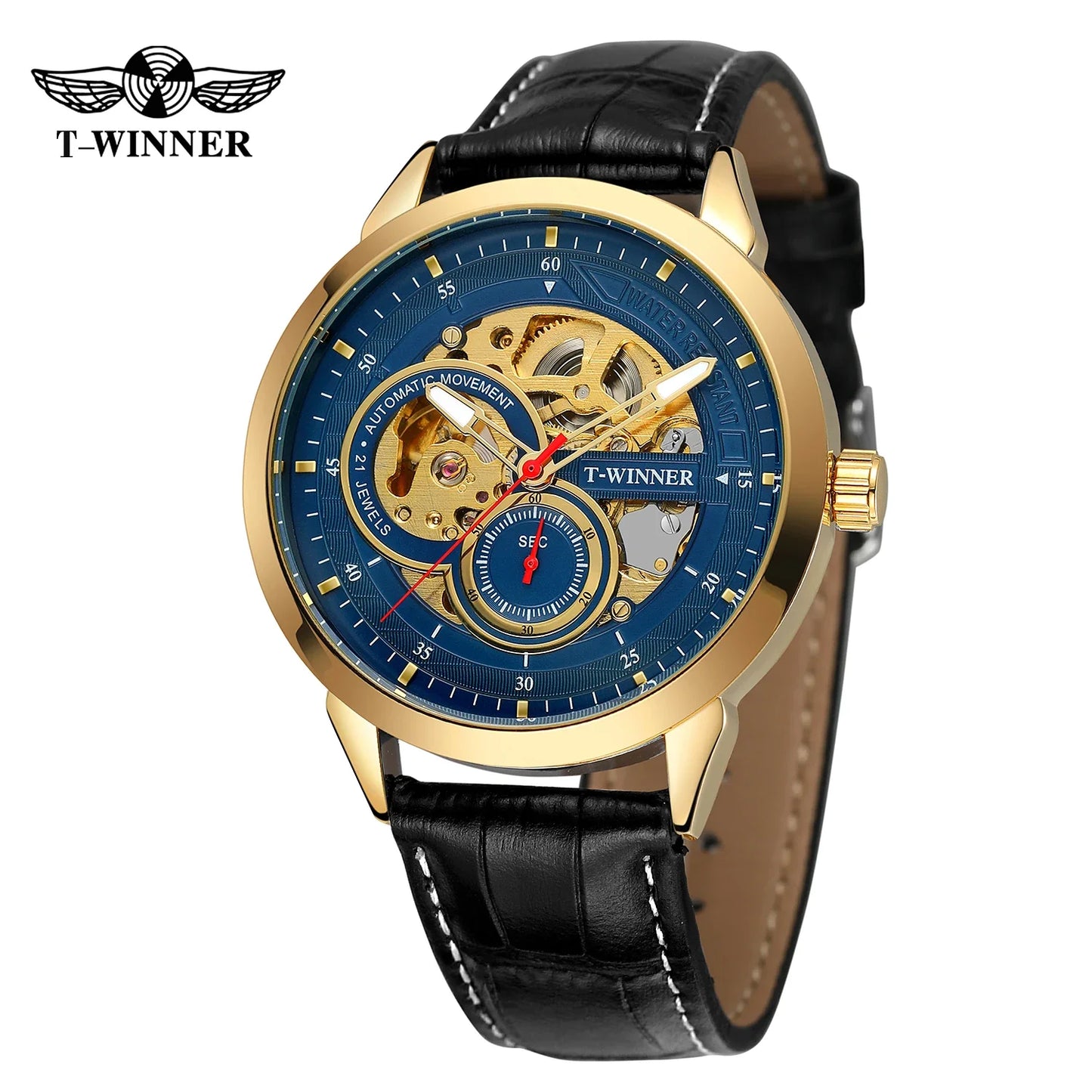 T-WINNER Skeleton Automatic Mechanical Watch for Men – Leather Strap Luxury Timepiece