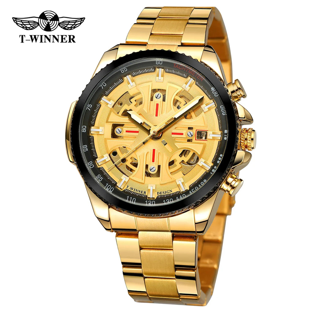 T-Winner Men’s Automatic Tachymeter Watch – Luminous Hollow Dial, Stainless Steel