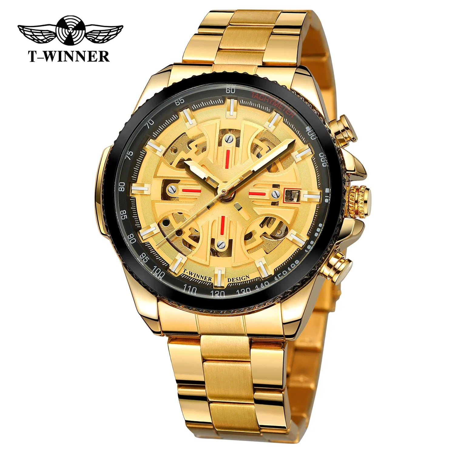 T-Winner Men’s Automatic Tachymeter Watch – Luminous Hollow Dial, Stainless Steel
