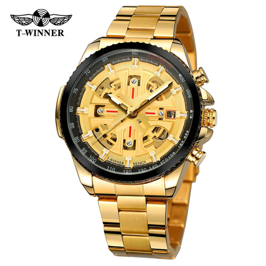 T-Winner Men’s Automatic Tachymeter Watch – Luminous Hollow Dial, Stainless Steel