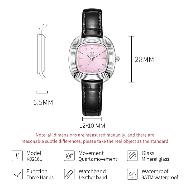 SK Women’s Quartz Watch – Fashion Square Dial, Waterproof Casual Wristwatch