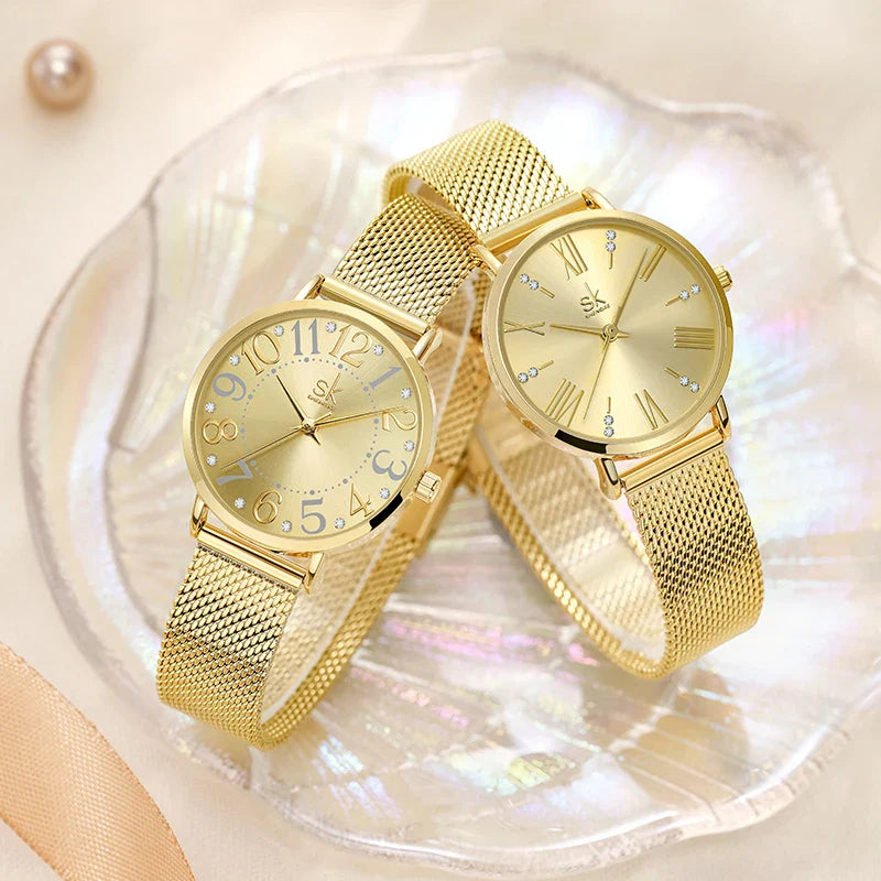 SK Women’s Quartz Watch – Stainless Steel Mesh Band, Waterproof Fashion Analog