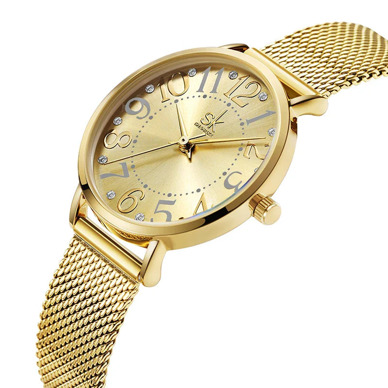 SK Women’s Quartz Watch – Stainless Steel Mesh Band, Waterproof Fashion Analog