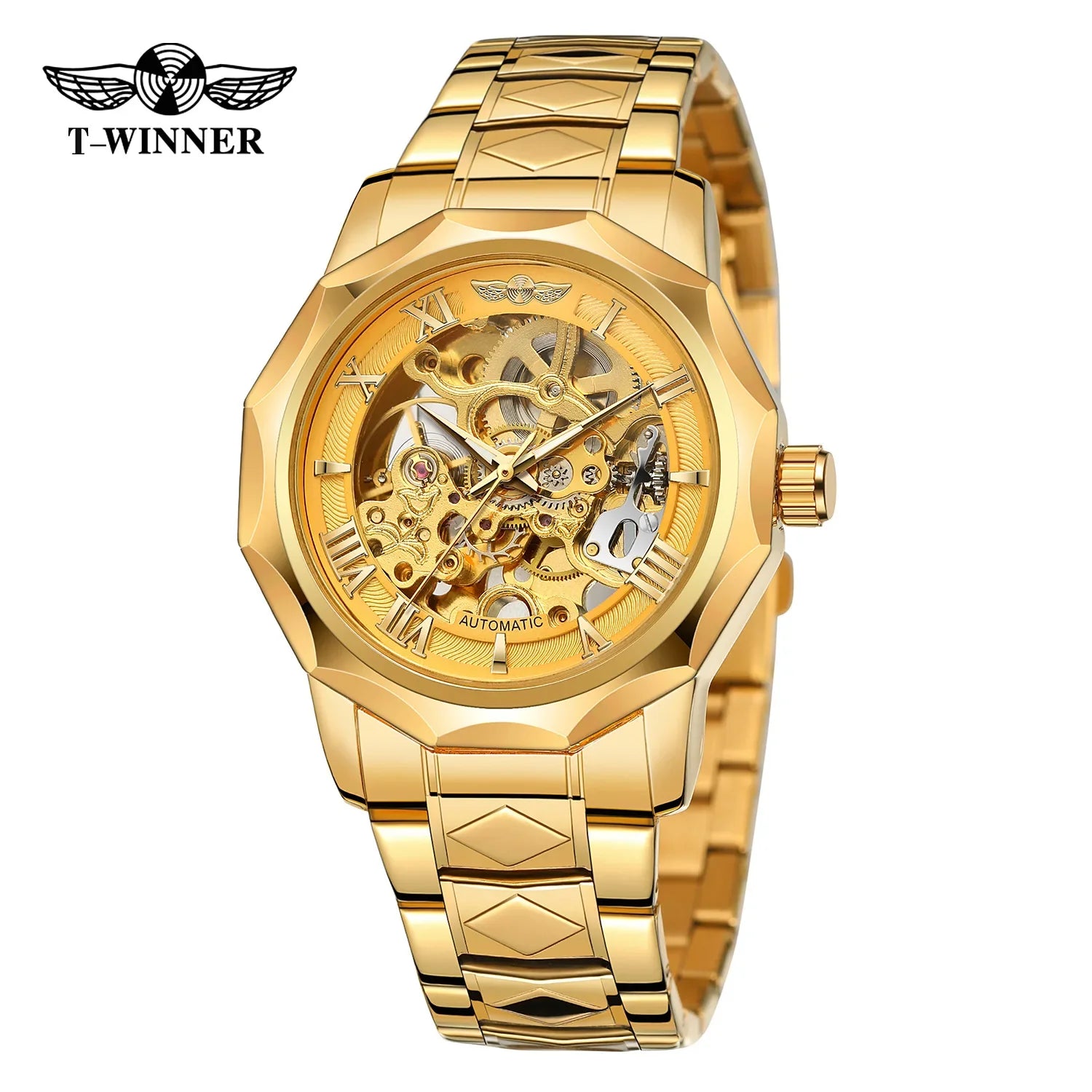 T-Winner Men’s Mechanical Watch – Luxury Hollow Polygonal Dial Stainless Steel Band